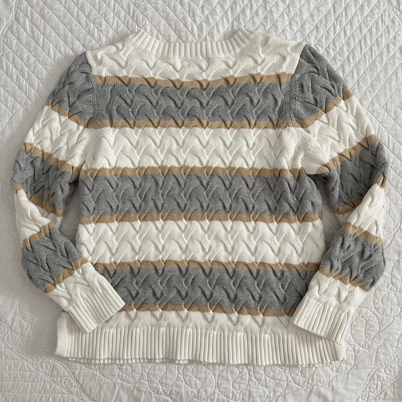 Lands' End Drifter Striped Cable Knit Sweater V-Neck 100% Cotton Medium Petite - Picture 3 of 9